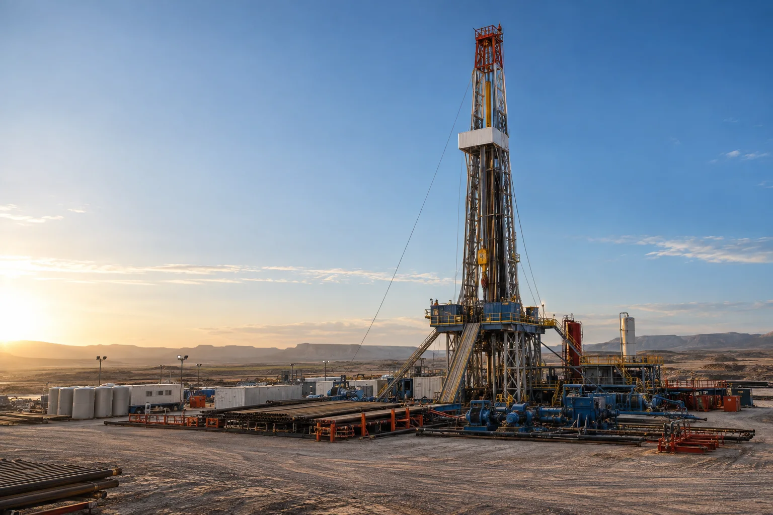 Modern land drilling rig and drilling equipment at an oilfield site