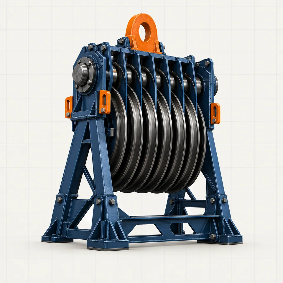 Technical illustration of a drilling rig crown block