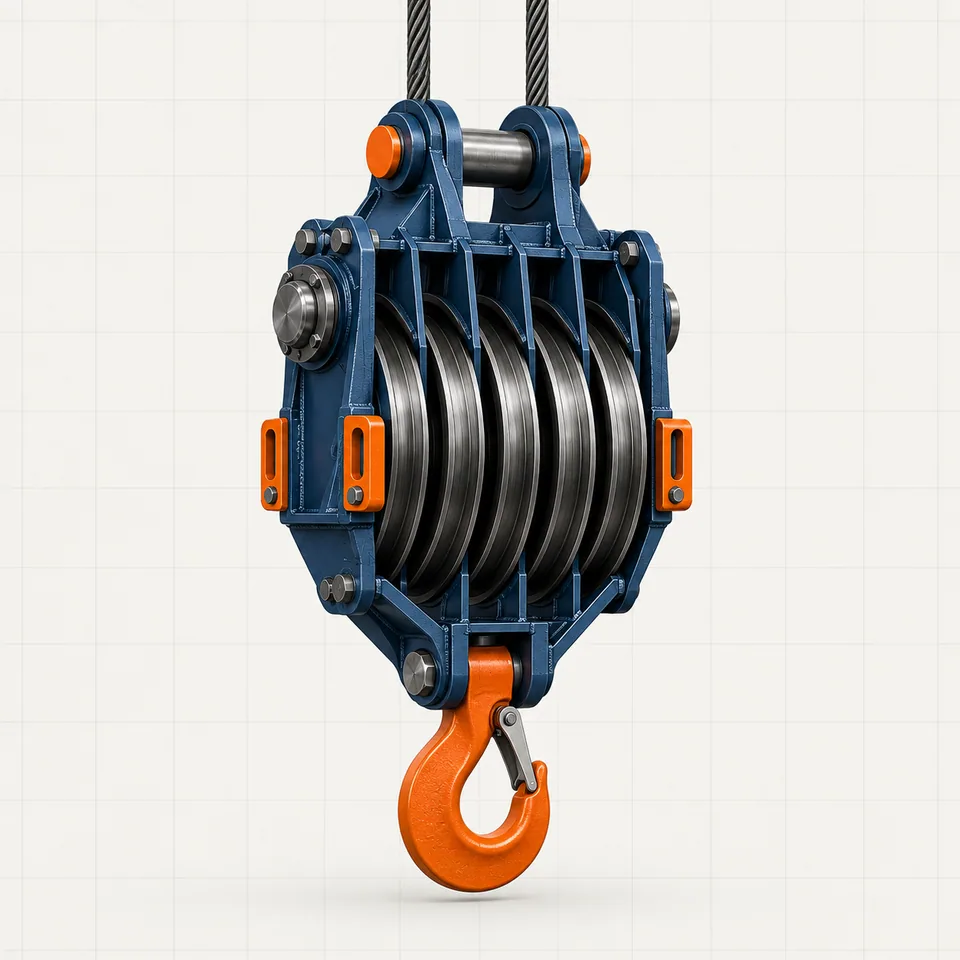 Technical illustration of a drilling rig traveling block